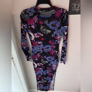 SHEIN Chinese Dragon Print Side Split Sheer Mesh Dress